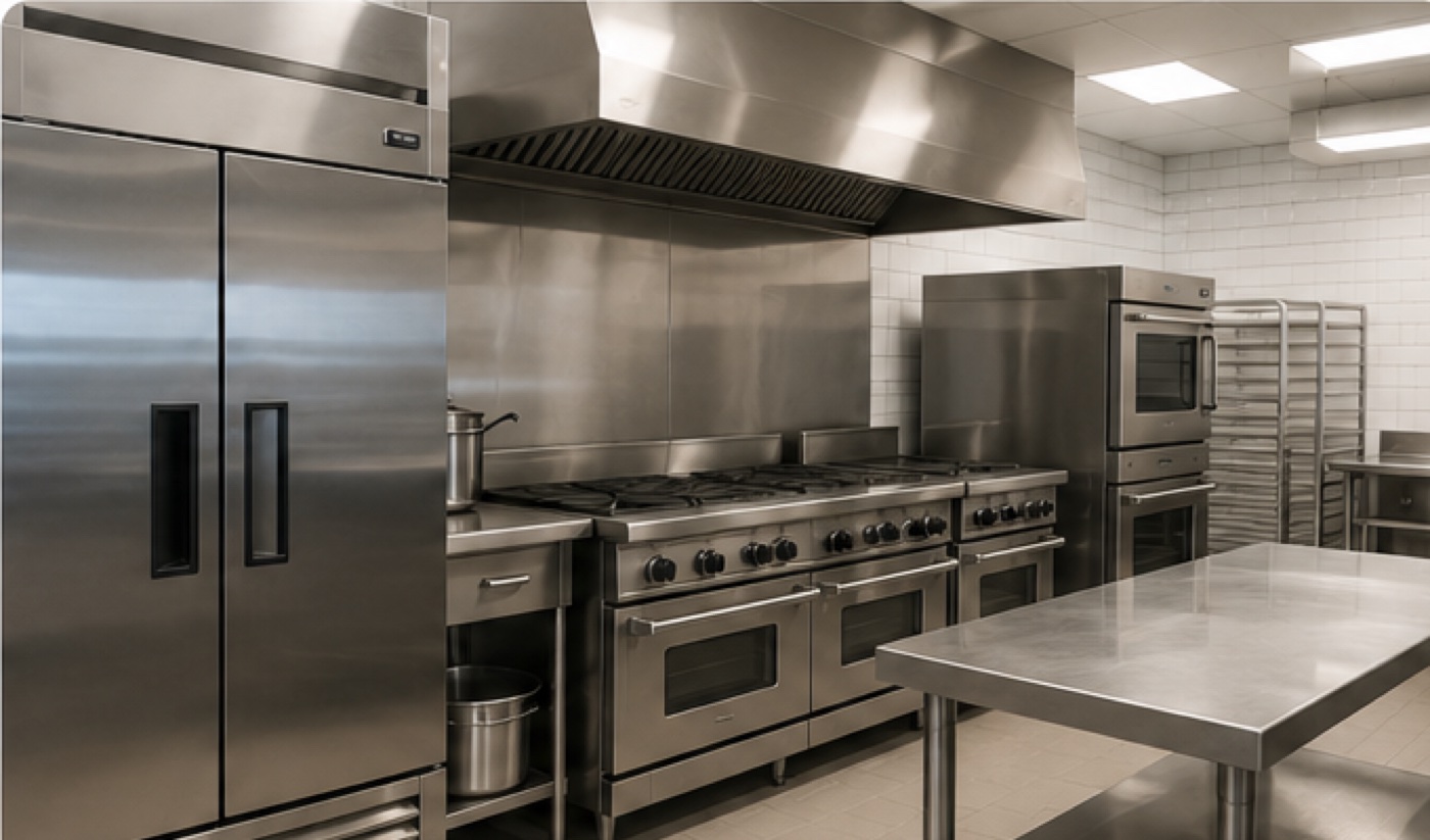 Clean commercial kitchen equipment including refrigeration and cooking appliances