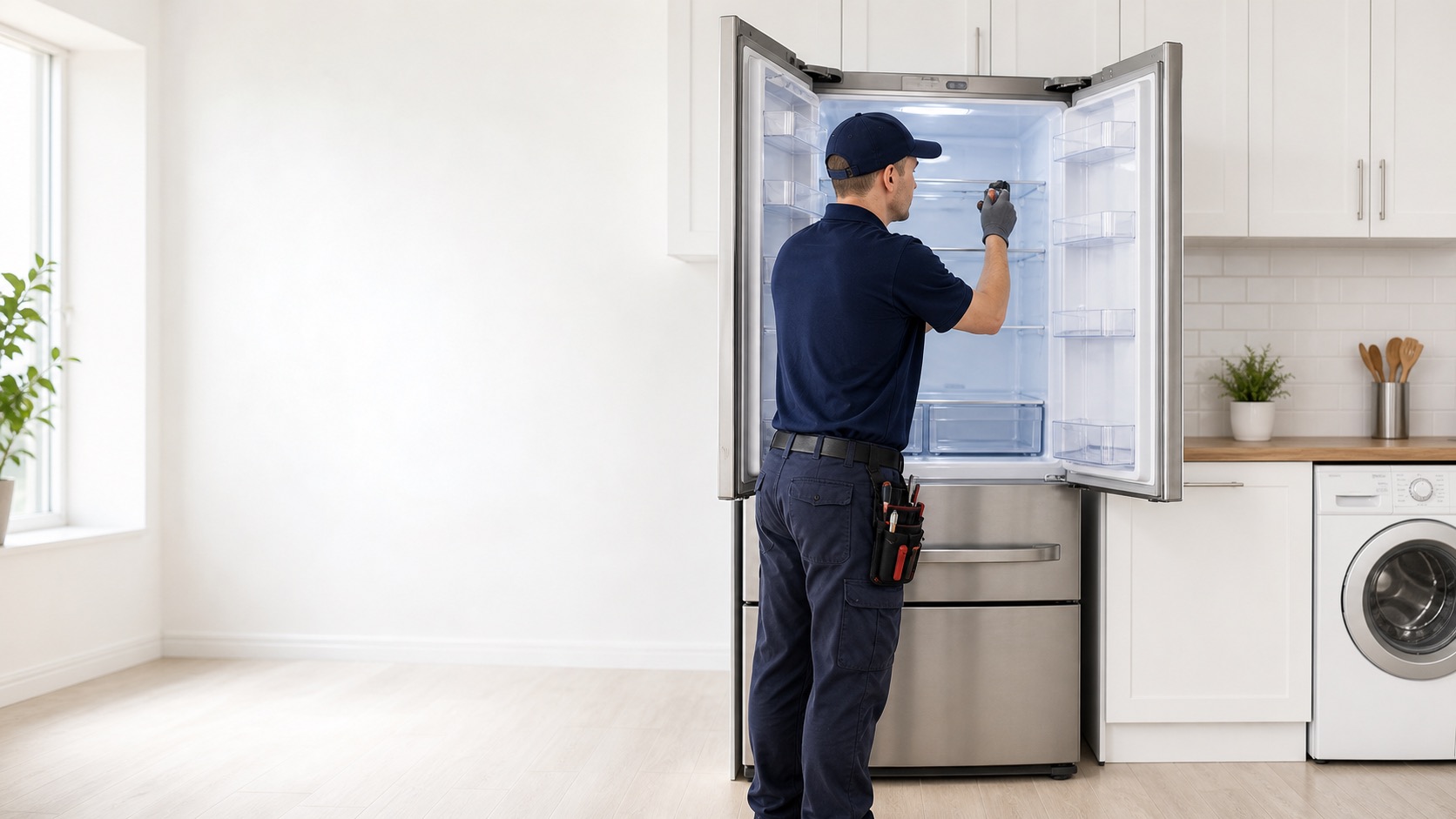 Appliance technician inspecting an open refrigerator in a bright kitchen